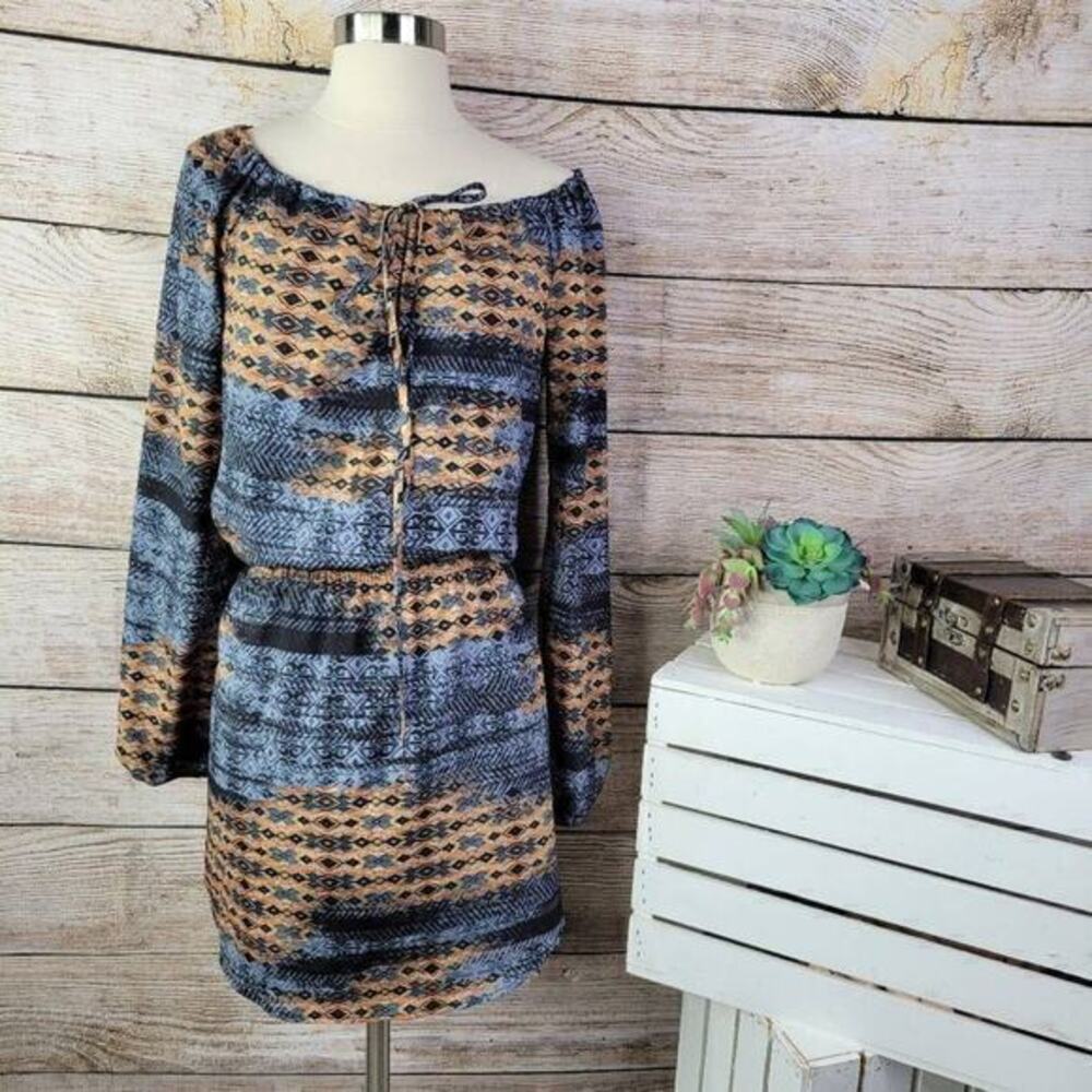 Wayf Women’s Multicolor Aztec Print Off-Shoulder Sheath Mini Dress Size Medium